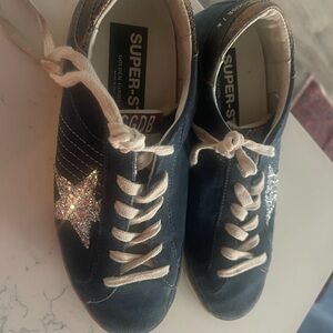 Golden Goose Super-Star Blue Sneakers with Silver Star Premium Style Size 8